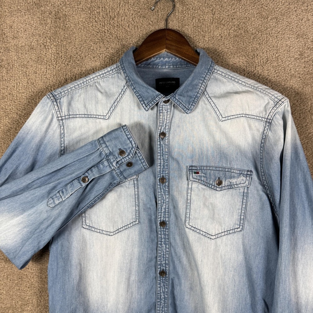 Peter‎ England Shirt Mens L 42 Blue Denim Western Long Sleeve Button Up Casual